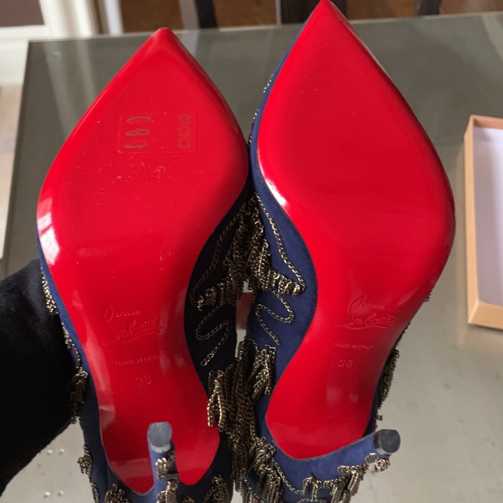 Christian louboutin dollyparty navy satin chain stiletto sz 38 120mm $2495 - Picture 7 of 9